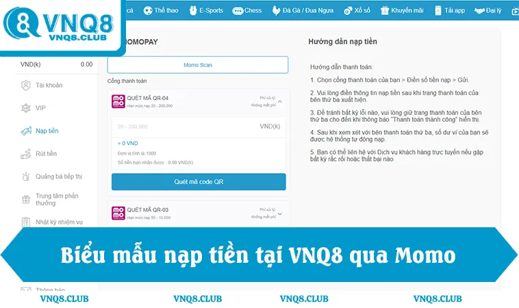 Nạp Tiền VNQ8 2 Biểu mẫu nạp tiền tại VNQ8 với các bước xác nhận giao dịch