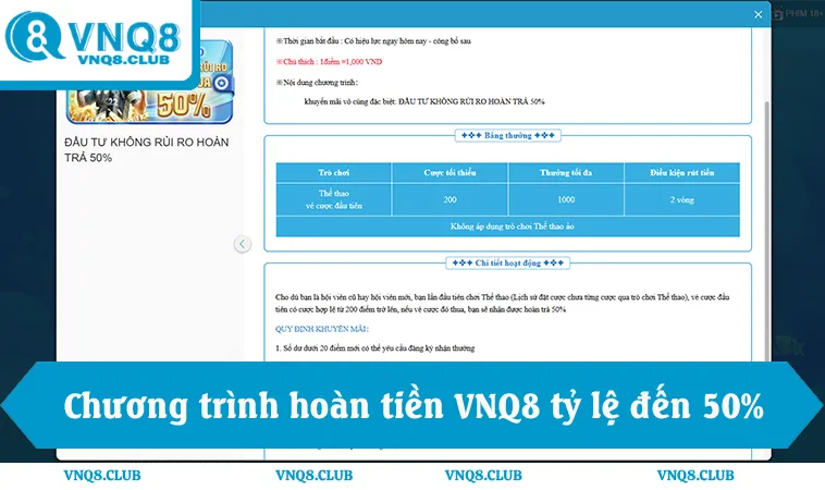 Khuyến Mãi VNQ8 2 Chương trình hoàn tiền VNQ8 áp dụng cho mảng thể thao, tỷ lệ đến 50%