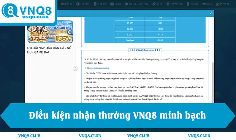 Điều Khoản Sử Dụng VNQ8 3 Điều kiện nhận thưởng VNQ8, chính sách khuyến mãi VNQ8