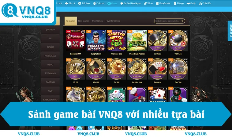 Game Bài VNQ8 1 Sảnh game bài VNQ8 với nhiều tựa bài phổ biến và công bằng